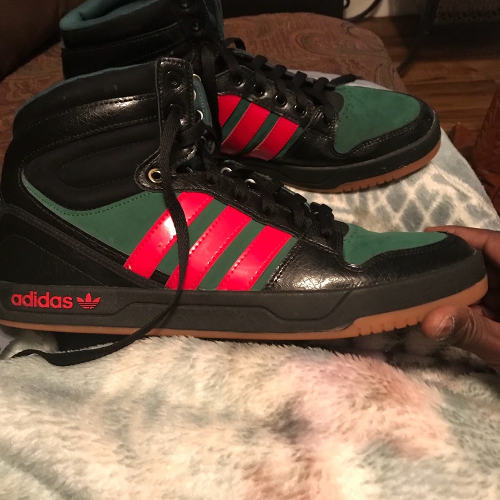 Adidas black red and black high tops
